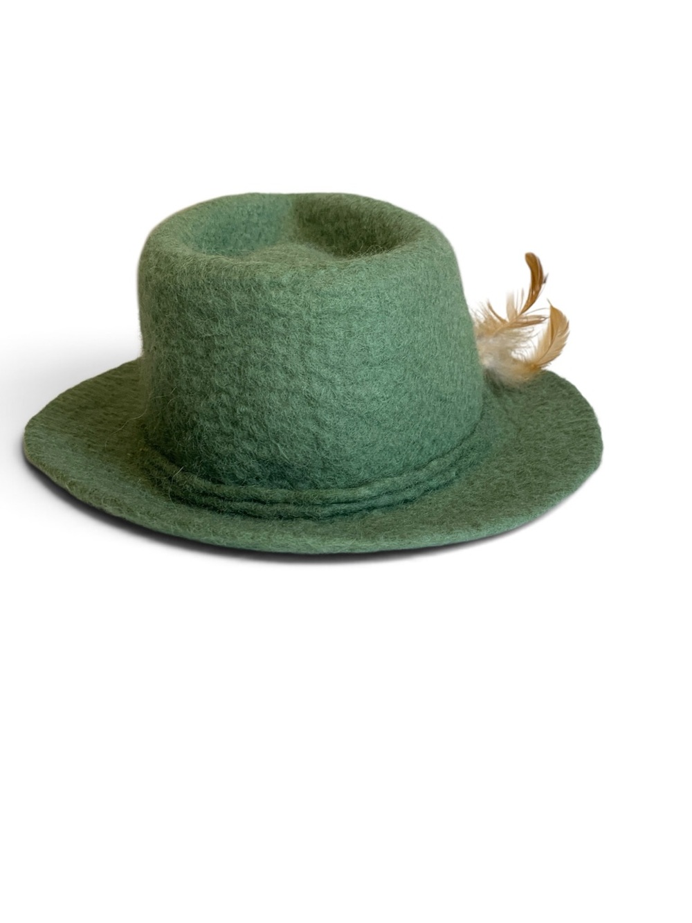 Green Wool Felt Fedora Hat with Feather Accent